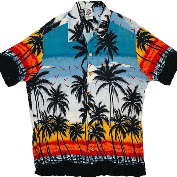 KENNINGTON Mens Medium Shirt Floral Hawaiian Beach Palm Trees Button Up - Picture 1 of 7